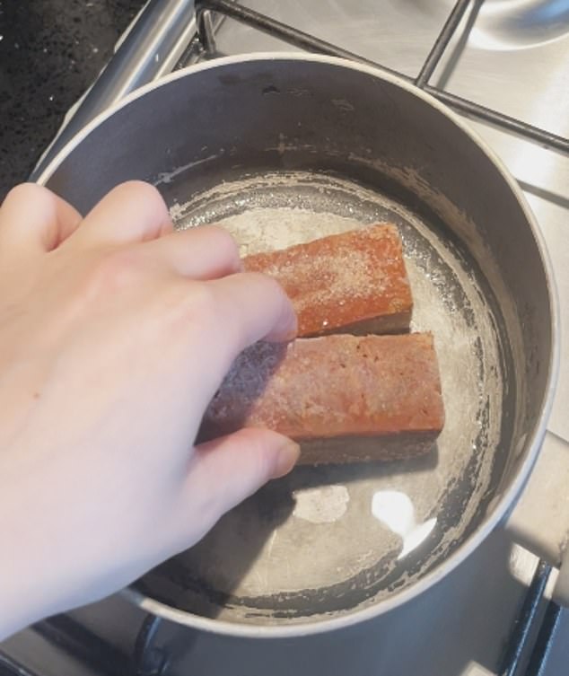 Elmira said the cooking process was simple, starting with placing the frozen blocks in a saucepan to simmer