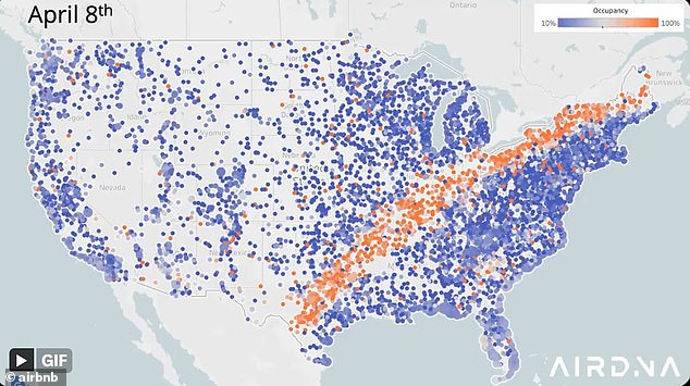 A new map of Airbnb bookings shows how desperate people are to find suitable accommodations to view the solar eclipse - with orange dots showing 100% occupancy and blue dots showing just 10% occupancy