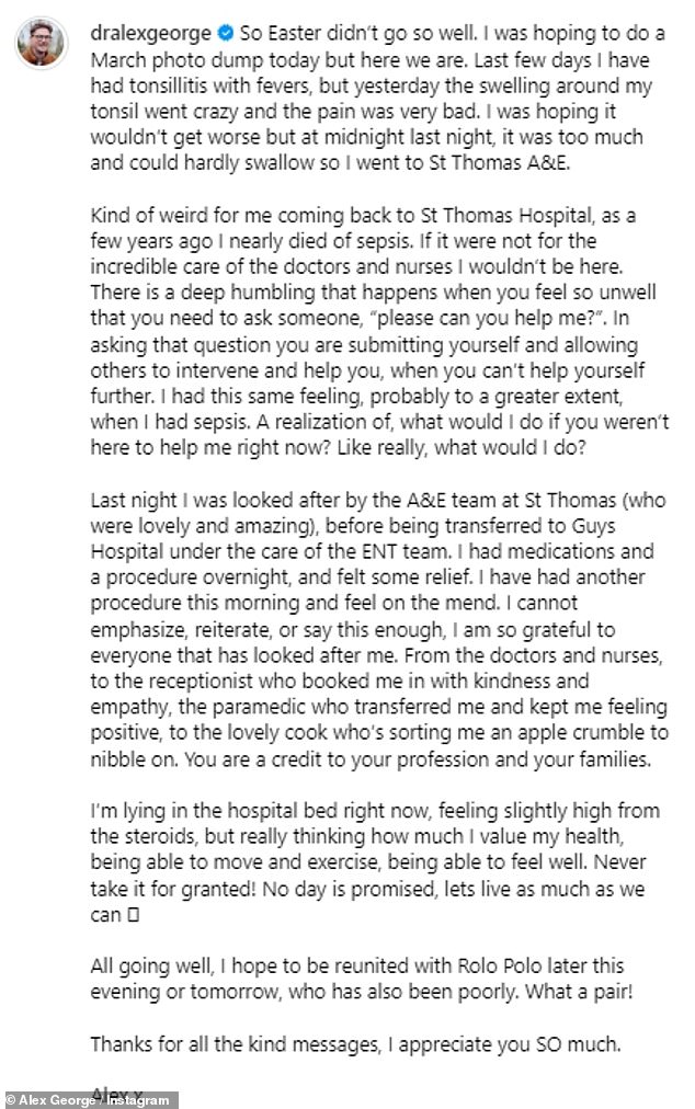 Alex became unwell over Easter when he told fans: 'So Easter didn't go so well.  I was hoping to do a March photo dump today, but here we are.”