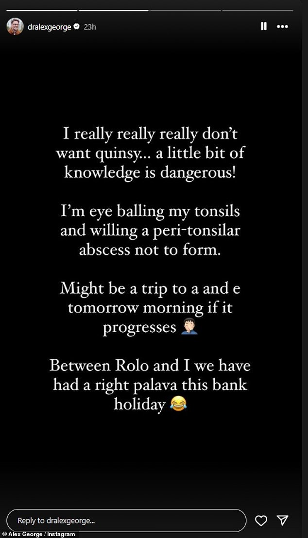 The reality star, who worked at Lewisham Hospital, previously revealed on his Instagram Stories on Monday that he was unwell and suggested he may need to go to A&E.