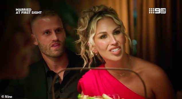 Meanwhile, Jono cemented his place as MAFS' newest villain when he managed to divert attention from his relationship with Ellie by throwing fellow groom Tim Calwell (left, with wife Sara Mesa) under the bus.