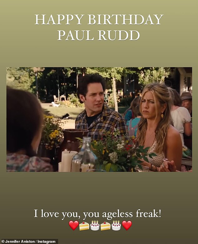 The 55-year-old Friends star shared a clip of her and Rudd in a scene from the 2012 film Wanderlust