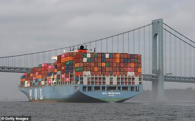 The incident occurred in the Kill Van Kull waterway, a thin strip of water separating Newark Bay from Upper New York Bay.  The strait is often busy with shipping containers;  Pictured: A ship sailing through New York Bay