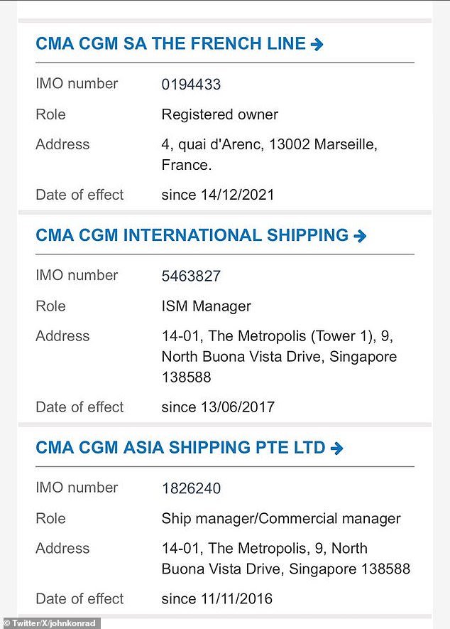 The Qingdao is twelve years old and was escorted from the harbor by three tugboats;  shown: information about the ownership of the ship