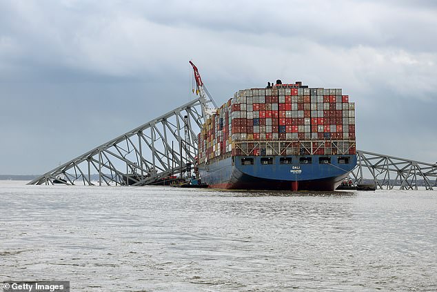 Less than two weeks earlier, tragedy struck Baltimore when a shipping container, which also lost propulsion, crashed into a vital bridge;  in the photo: the aftermath of the crash in Baltimore