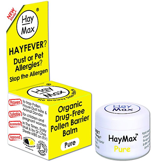 The drug-free HayMax balm (£8.49, hollandandbarratt.com) is rubbed around the nostrils and works by capturing more than a third of the pollen before it is inhaled