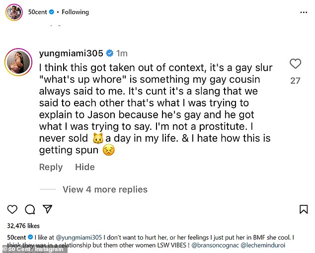 After Yung Miami defended himself in the comments, he reposted a screenshot of the text on his page