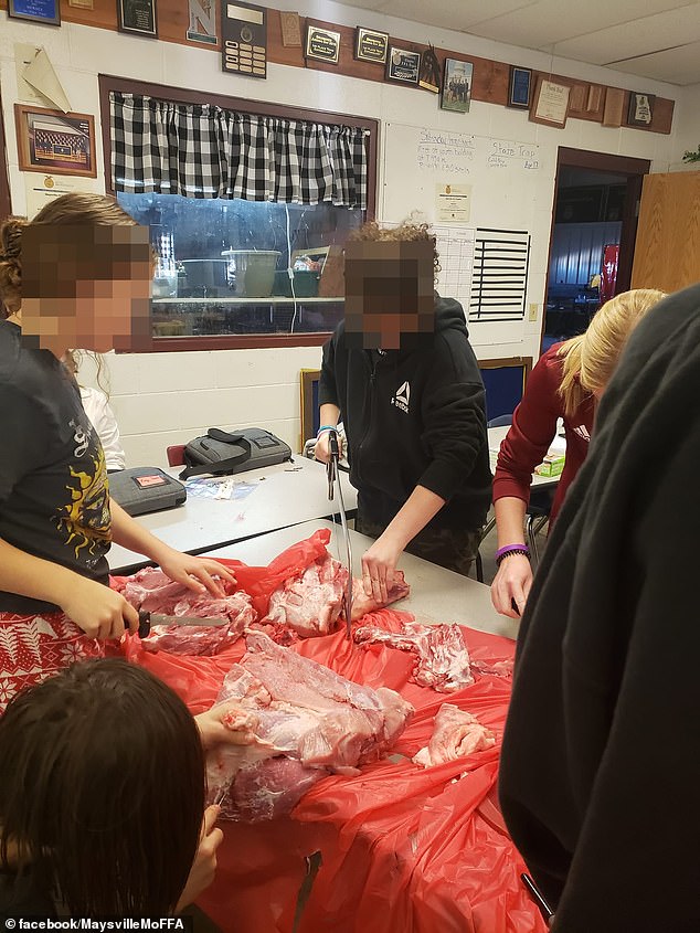 Photos show a dozen children breaking down the pork rack and cutting the meat before heading to the kitchen table and marinating it for the pork tenderloin