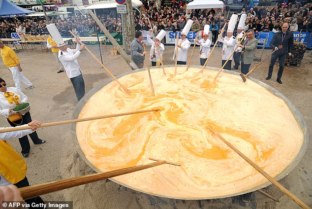 She explained how 'there is a village in France called Bessières that makes an omelette with 15,000 eggs' (pictured)