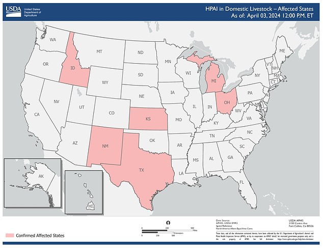 The map above shows states where infections in cattle have been detected