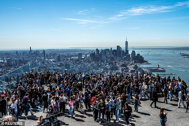 Crowds gather on the Edge observation deck at Hudson Yards in New York City