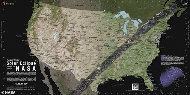 In the Lone Star State, the solar eclipse will be visible from about 1 p.m. to 2 p.m., according to NASA.  During that time, some areas directly on the path of totality will be in darkness