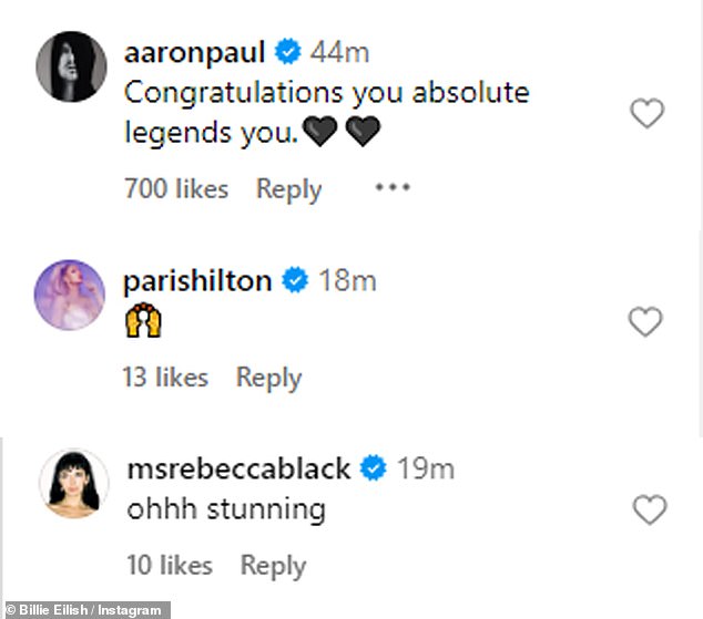 Posts from Billie and the 26-year-old musician received congratulations from Black Mirror actor Aaron Paul, hotel heiress and DJ Paris Hilton, and Friday hitmaker Rebecca Black