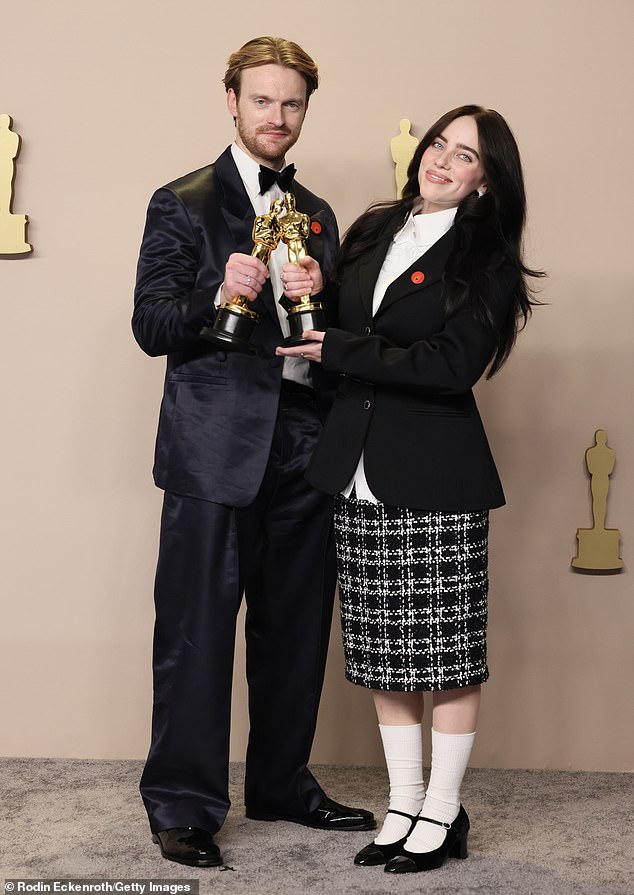 Billie and Finneas (last name O'Connell) recently won two Grammy Awards, a Golden Globe Award and an Academy Award (photo March 10) for their whispering song What Was I Made For?  from the Barbie soundtrack