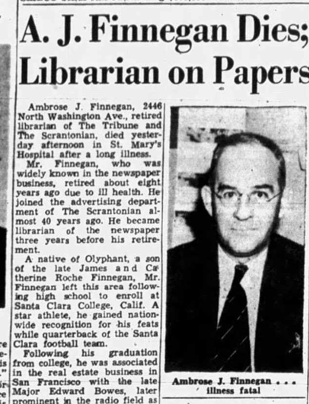 Biden grandfather Ambrose Finnegan was a librarian who worked in the newspaper business after being a 