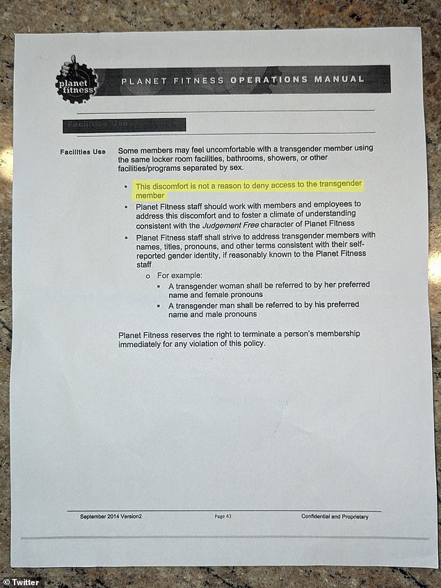 Planet Fitness' policy stated that 'discomfort is not a reason to deny admission to the transgender member'