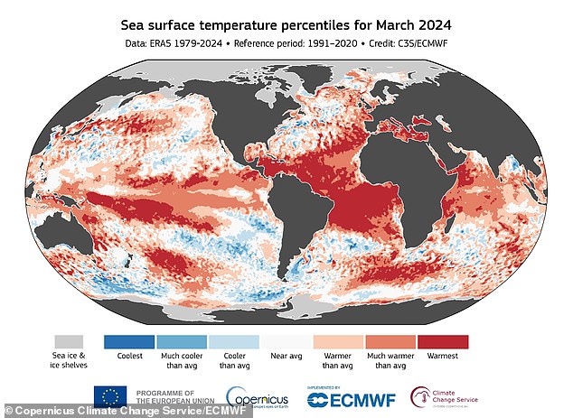 In the photo the sea surface temperature for March 2024. This is a separate measure to measure how warm the world is