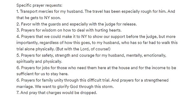 His family continued to rally around him, while his wife Michelle urged GoFundMe donors to 'pray for charges to be dropped'