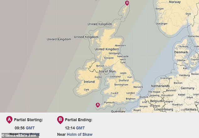 A partial solar eclipse will be visible from Britain on March 29, 2025.  This map shows that the eclipse will be visible across the country, but places in the north of Scotland will get the best view