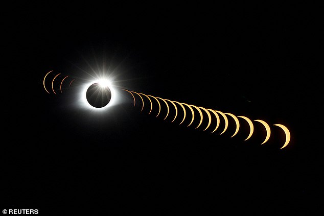 A solar eclipse occurs when the moon aligns between the Earth and the sun.  When the moon is perfectly aligned, it completely blocks the sun's light and casts a shadow on the Earth