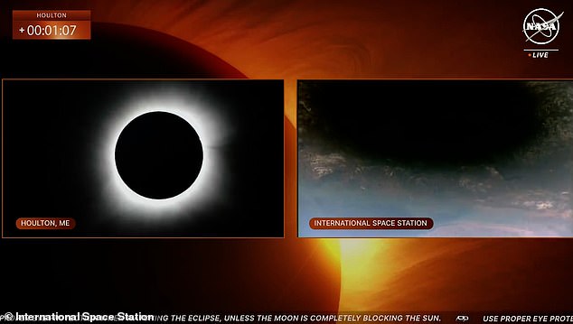 In NASA's coverage, the view of the eclipse from Houlton, Maine is streamed alongside a view of the moon's shadow over Earth from the ISS