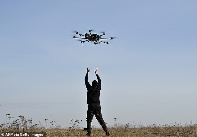 A pilot practices with a drone at a training ground in the Kiev region on February 29, 2024, amid the Russian invasion of Ukraine