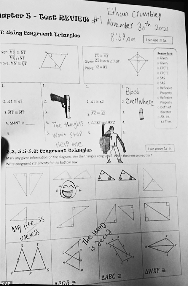 On the morning of the school shooting, teachers became concerned after finding alarming drawings and writings on his homework, including drawings of shooting victims around 'the thoughts don't stop... Help me'