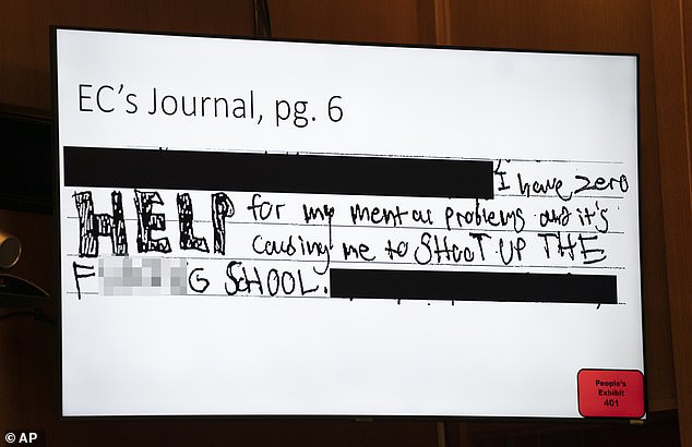 In one of Ethan Crumbley's diary entries shown at the trial, Ethan wrote: 'I have no help for my mental problems and it's making me shoot up the damn school'