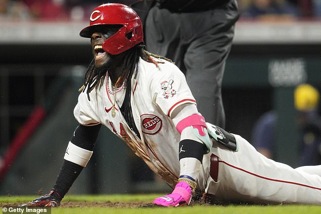 De La Cruz reacts after hitting an inside-the-park home run against the Milwaukee Brewers i