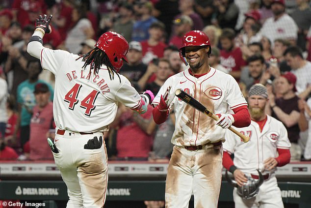 Elly De La Cruz of the Cincinnati Reds celebrates with Will Benson after hitting a solo home run