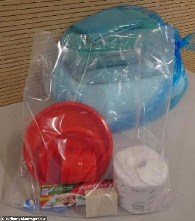 Del Busso's belongings in prison consist of her reception package containing a toothbrush and toothpaste, soap, a plate, bowl and cup, and a roll of toilet paper.