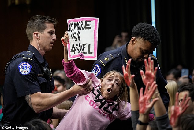 A protester calling for a ceasefire in Gaza screams as she is escorted out of the chamber by Capitol Police during a Senate committee hearing with US Secretary of State Antony Blinken and US Defense Secretary Lloyd Austin on October 31, 2023