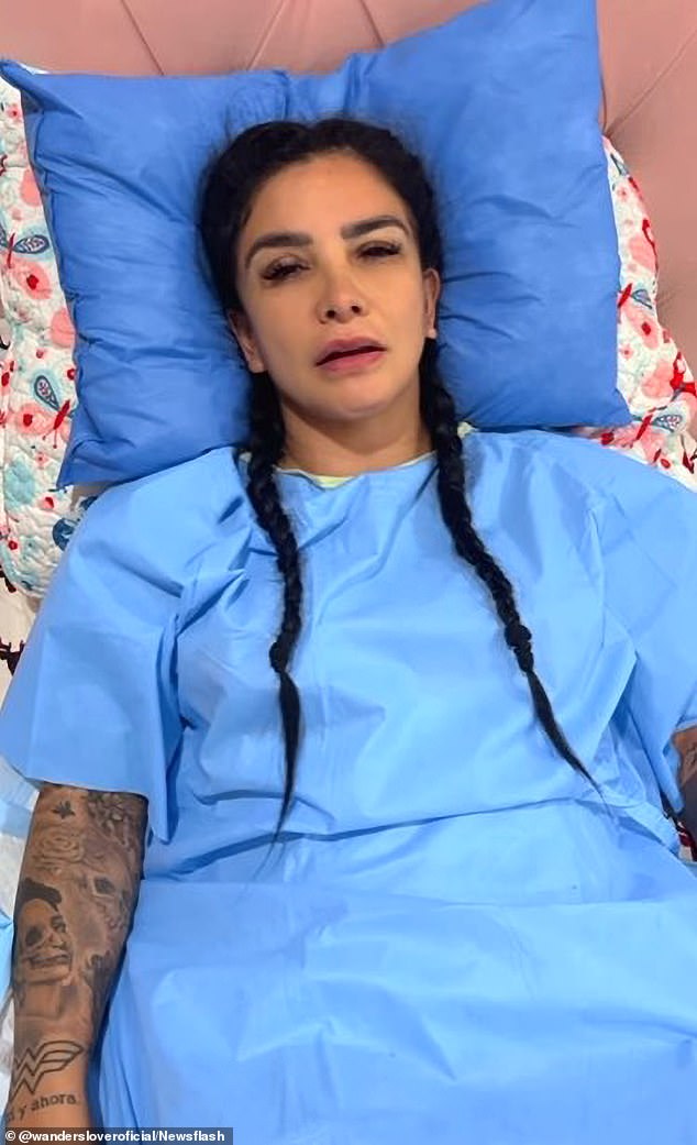 Doctors later discovered that polymers injected into Yered's backside during a cosmetic procedure had leaked and infected her tissue (photo: Yered in hospital)