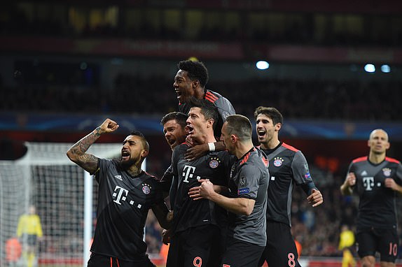 UEFA Champions League 2016/17 Round of 16 second leg, Arsenal v Bayern Munich, London, United Kingdom - March 7, 2017 Robert Lewandowski celebrates his penalty to make it 1-1 Munich won the match 5-1 and won on aggregate with 10-2.  .  REXMAILPIX.