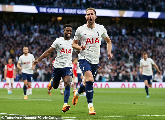 LONDON, ENGLAND – MAY 12: Harry Kane of Tottenham Hotspur celebrates after scoring their side's second goal during the Premier League match between Tottenham Hotspur and Arsenal at Tottenham Hotspur Stadium on May 12, 2022 in London, England.  (Photo by Tottenham Hotspur FC/Tottenham Hotspur FC via Getty Images)