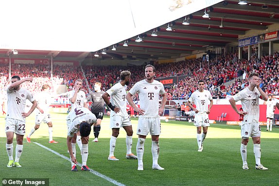 HEIDENHEIM, GERMANY – APRIL 06: Harry Kane and Joshua Kimmich (R) of Bayern Munich look dejected after the defeat in the Bundesliga match between 1. FC Heidenheim 1846 and FC Bayern Munich at Voith-Arena on April 6, 2024 in Heidenheim , Germany.  (Photo by Alexander Hassenstein/Getty Images) (Photo by Alexander Hassenstein/Getty Images)