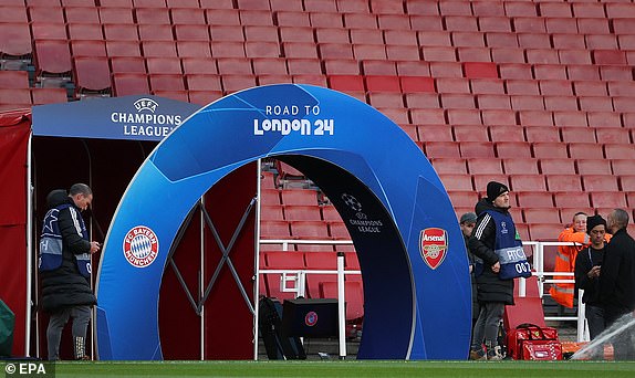 epa11267714 Matchday decorations are seen next to the players' tunnel at Arsenal Emirates Stadium ahead of the UEFA Champions League quarter-final first leg between Arsenal FC and FC Bayern Munich in London, Great Britain, April 9, 2024. EPA/ANDY RAIN