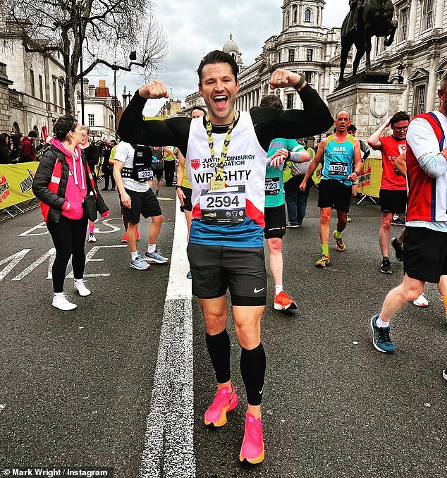 Mark often shares photos of himself training on social media (seen here after running the London Marathon)