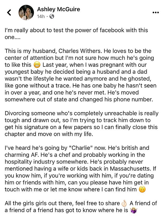 Mum-of-two Ashley claimed he was 'missing' and said she now wants to harness the 'power' of social media to track him down and finalize a divorce