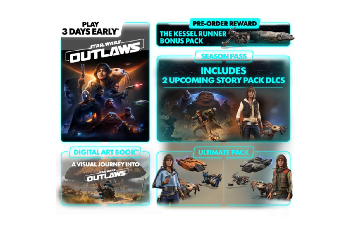 An image showing what's included with the Ultimate Edition of Star Wars Outlaws, which costs $129.99.  Primarily, it gives gamers three days of early access, plus additional story content and a plethora of cosmetic DLC.