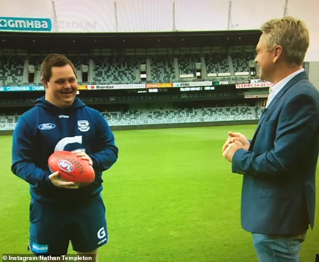 The Sunrise reporter is pictured with Geelong ball boy Sam Moorfoot, who shot to fame when he was lifted over the fence during the 2022 grand final to take part in Geelong's on-field victory celebration