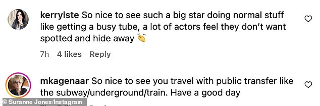 While others praised the Gentleman Jack star for using the humble underground, they wrote: 'So nice to see such a big star doing normal things like a busy subway'