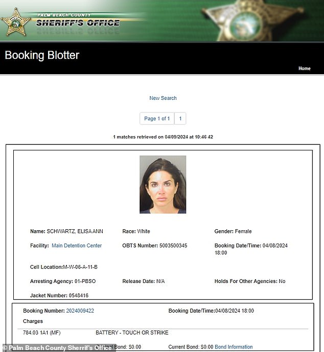 Elisa “Jordana” Schwartz was arrested Monday evening and booked into the Palm Beach County Main Detention Center