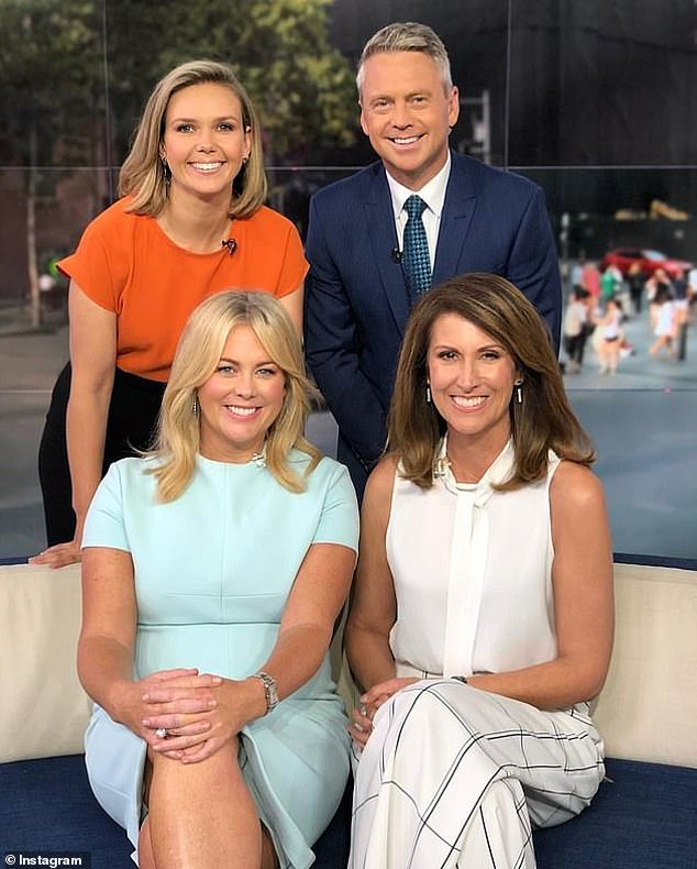 Edwina Bartholomew, 40, was one of the first Sunrise stars to share a tribute to her colleague Nathan Templeton, 44, on Wednesday after tragic news emerged of his death.  Both pictured with Sunrise co-stars Samantha Armytage and Natalie Barr