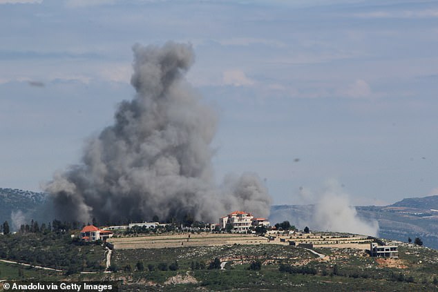 Smoke rises after Israeli airstrikes hit targets in the city of Khiam, southern Lebanon, on April 8, 2024