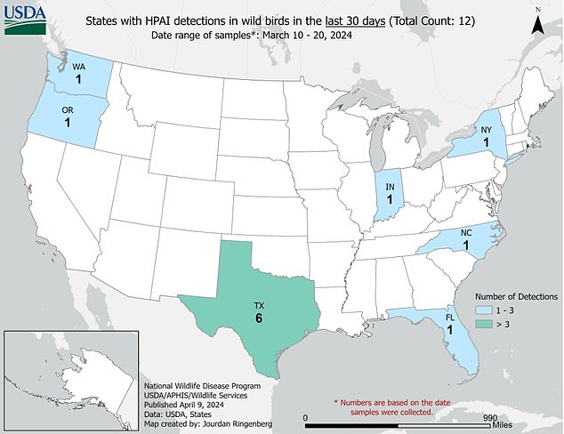 The map above shows states where bird flu was observed in wild flocks in March