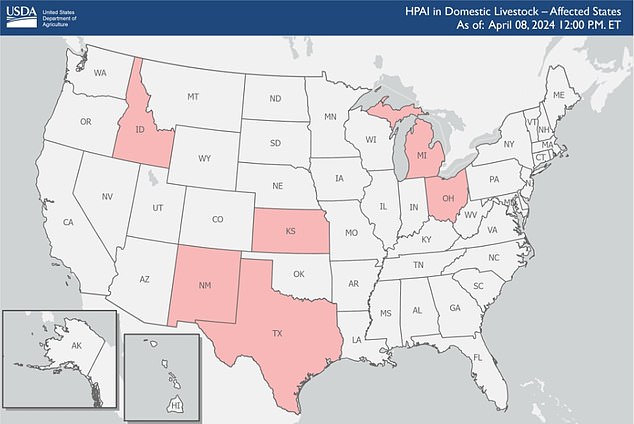 The map above shows states with herds of livestock diagnosed with bird flu