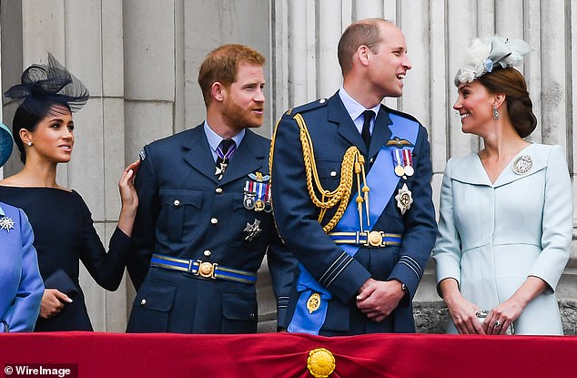 Some Republicans and critics of the couple have called on the royal family to revoke their titles over their meddling in the US election - over Meghan, Duchess of Sussex, Prince Harry, Duke of Sussex, Prince William, Duke of Cambridge and Catherine, Duchess of Sussex.  Cambridge stood on the balcony of Buckingham Palace in July 2018 before leaving the royal family