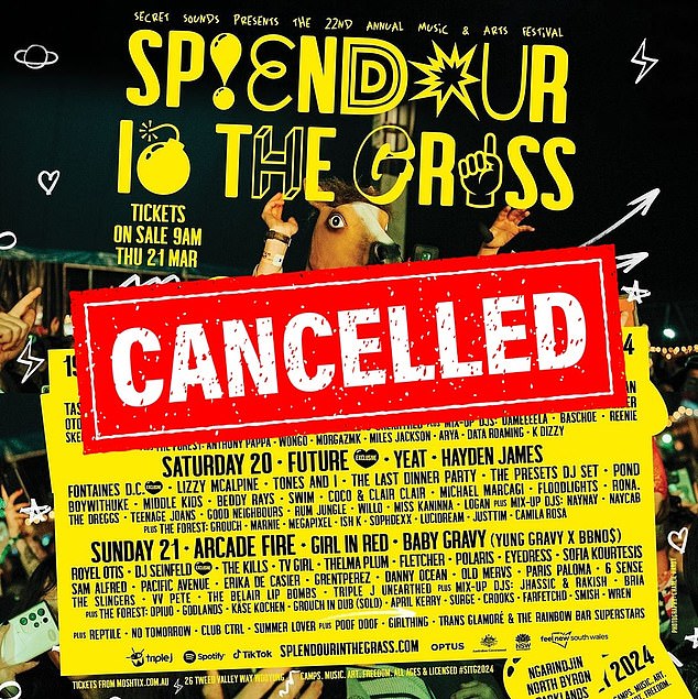 It comes after a slew of major music festivals in Australia were cancelled, including the iconic three-day festival Splendor in the Grass (pictured)