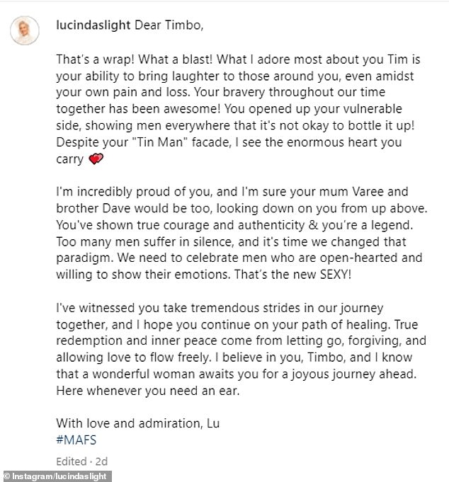 In a letter to Smith and on Instagram, Lucinda said she admired his ability to make people laugh as they dealt with the pain of losing loved ones, and thanked him for showing other men that there was nothing is wrong with expressing their emotions.